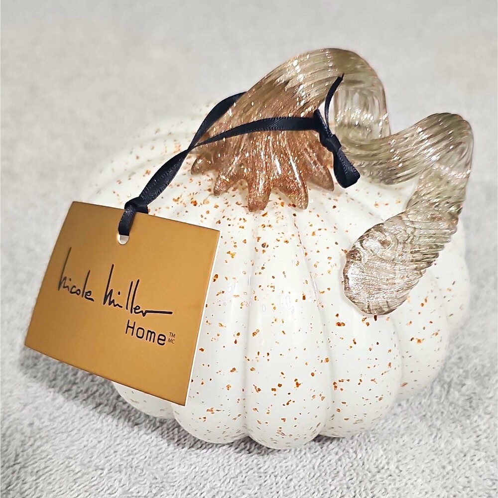 Nicole Miller Home White Pumpkin Centerpiece Gold Leaf Accent Clear Swirl Stem